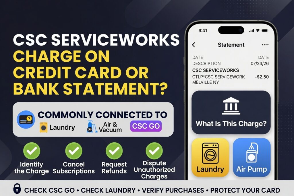 CSC ServiceWorks charge on a credit card or bank statement connected to laundry, air, vacuum, CSC GO, or CSC Pay