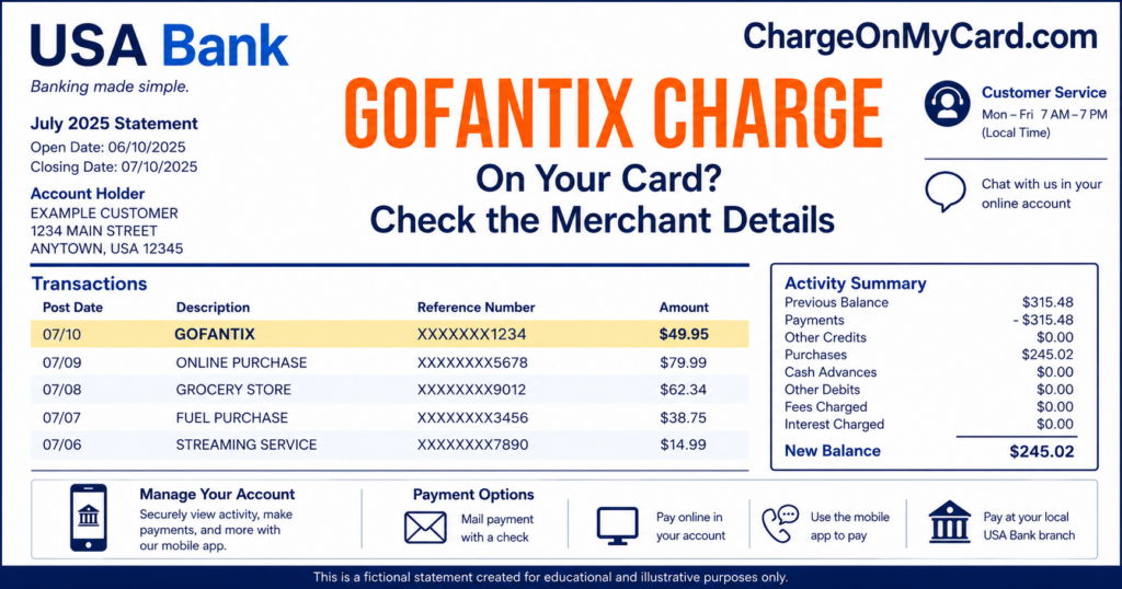 Fictional USA Bank statement showing a highlighted GOFANTIX charge with ChargeOnMyCard.com branding.