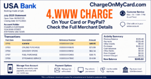 4.WWW charge highlighted on a fictional USA Bank credit card statement