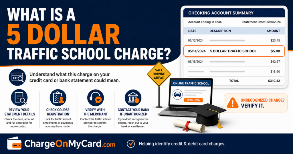 5 Dollar Traffic School charge shown on a credit card or bank statement with steps to verify the transaction.