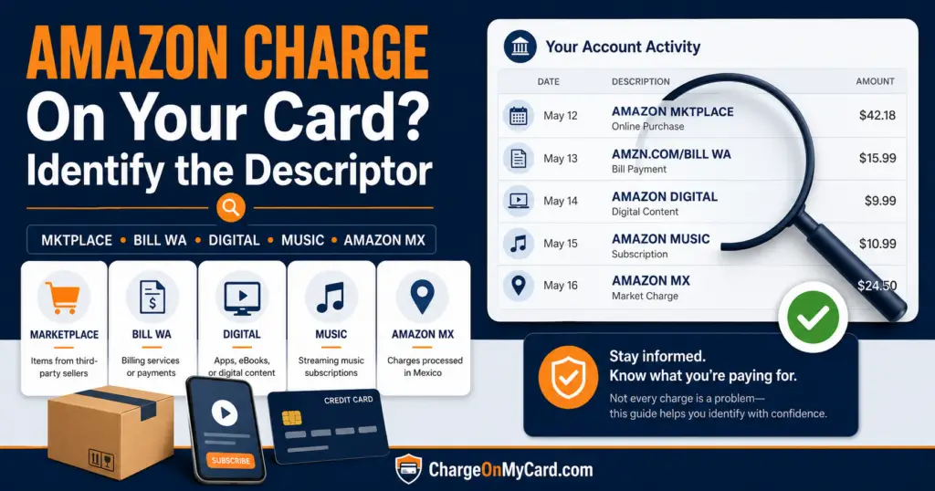 Amazon charge descriptor guide for AMAZON MKTPLACE, AMZN.COM/BILL WA, Amazon Digital, Amazon Music, and AMAZON MX