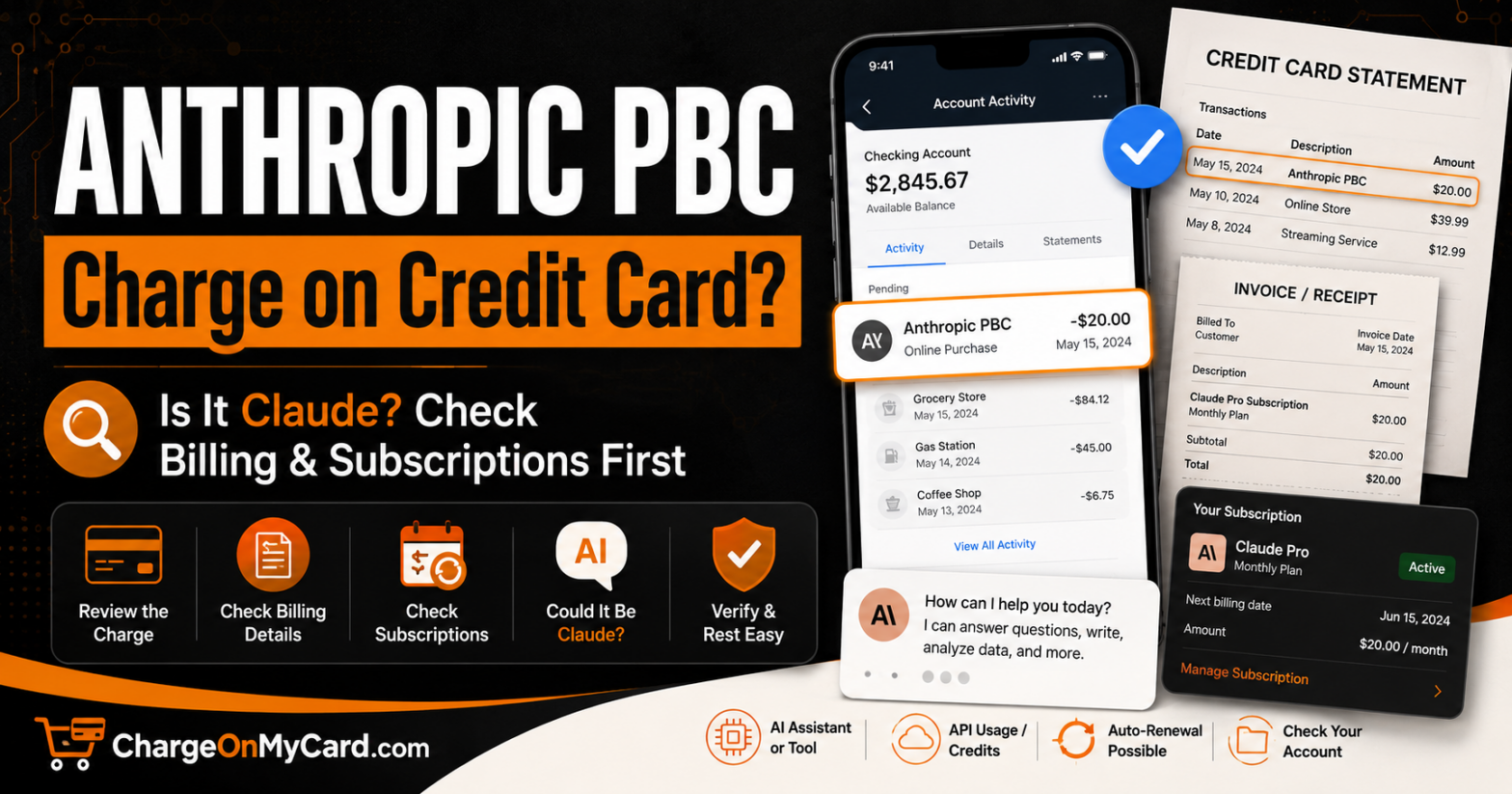 Anthropic PBC charge on credit card statement with Claude billing and subscription clues