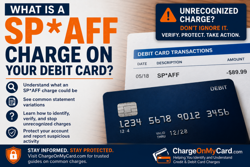 SP AFF charge on a debit card statement with an unrecognized transaction warning and account protection tips.